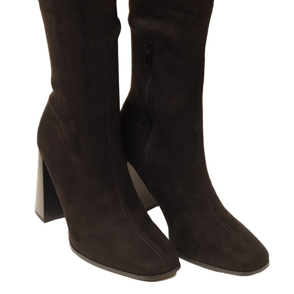 Black Microsuede Block Heel Knee High Boots - Picture 5 of 6